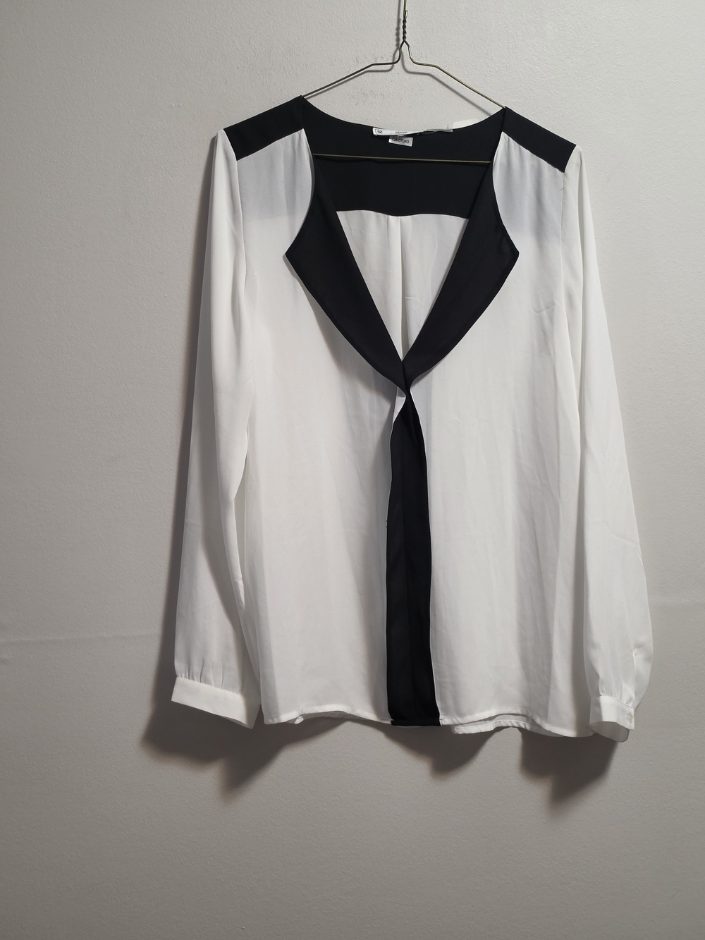 Women’s White Blouse with Black Trim V-Neck Tie Detail